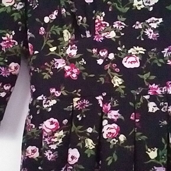 Worthington Dress Vintage 80s 90s Puffed 3/4 Sleeves Floral Pink on Black 10/12 - Picture 5 of 13